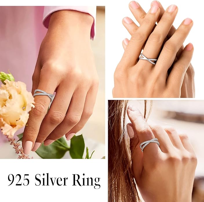 Suplight 925 Sterling Silver Wedding Band Rings, Full Cubic Zirconia Wishbone Ring Love/Lucky Engagement Promise Rings For Women, Size 4-12 (with Gift Box)