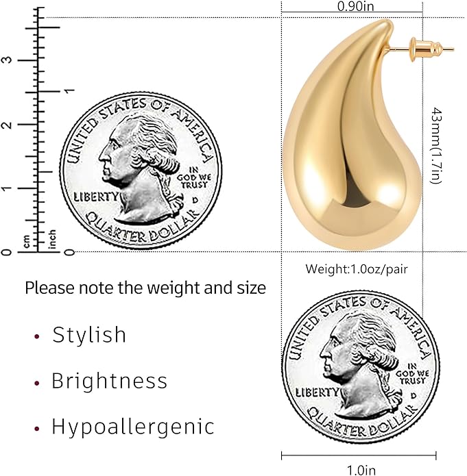Gacimy Teardrop Earrings Dupes for Women 14K Gold Plated, Chunky Drop Earrings for Women with 925 Sterling Silver Post