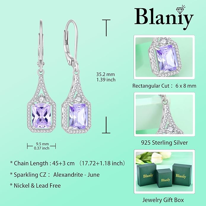 Emerald Cut Dangle Drop Earrings 925 Sterling Silver Halo Rectangular Leverback Earrings Birthstone Jewelry for Women