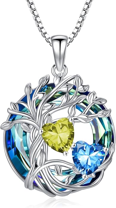 TOUPOP s925 Sterling Silver Family Celtic Tree of Life Pendant Necklaces with 2 Heart Birthstone with Blue Austrian Crystal Jewelry Birthday Anniversary Christmas Gifts for Her Wife Girlfriend Mom (18K Real White Gold Filled)