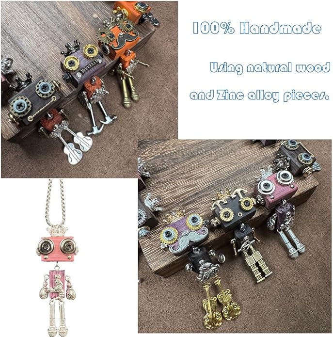 Steampunk Wooden Robot Pendant Necklace， Handmade Punk Style Pendant Zodiac Necklace for Men Women，Creative Birthday Gift