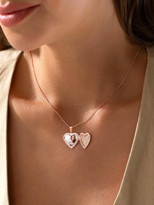 U7 Women Locket Necklace Platinum 14K Gold Photo Lockets that Hold Picture,Chain 20 Inch Personalized Gift Custom Love Heart Image Necklaces