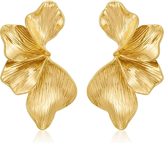 Chunky Gold Statement Earrings For Women Gold Plated Sectored Flower Leaf Shell Angel Wing Earrings Large Stud Earrings Hypoallergenic Earrings