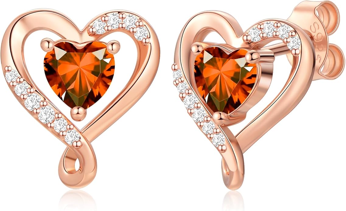 Earrings for Women, S925 Sterling Silver Rose Gold Birthstone Heart Studs Earring for Girlfriend Wife, Anniversary Birthday Christmas Valentines Mothers Day Gifts Jewelry for Women Wife Her Mom
