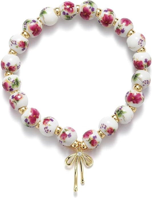 Beads Bow Charm Bracelet for Women Flower Vintage Bracelet Handmade Stretch Beaded Dainty Romantic Jewelry Gifts