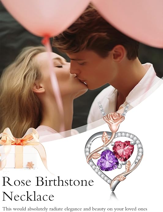 Christmas Gifts for Women Rose Heart Birthstone Pendant Necklace I Love You Forever Jewelry Valentine Mothers Day Birthday Gifts for Women Her Wife Girlfriend