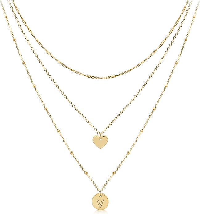 Aisansty Dainty Layered Initial Choker Necklaces Handmade 14K Gold Plated Tiny Heart Personalized Letter Disc Pendant Adjustable Chain Layering Gold Necklaces for Women Gift Jewelry