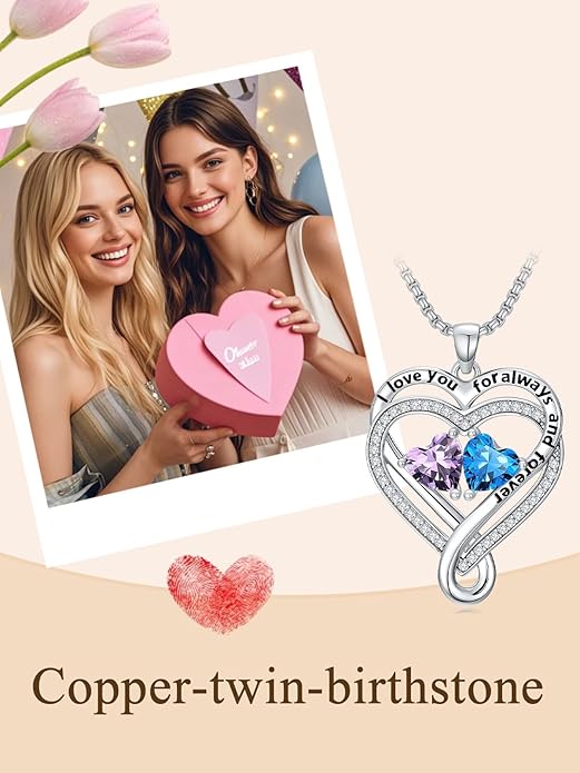I Love You for Awlays and Forever Double Heart Necklace with Birthstone, 2 Birth Stone Jewelry Anniversary Valentines Mothers Day Christmas Birthday Gifts for Women Her Wife Girlfriend Mom Mother