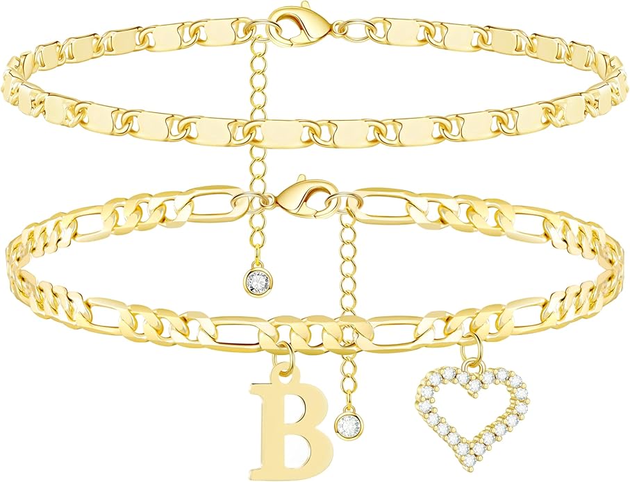 Initial Ankle Bracelets for Women Waterproof 14K Gold Plated Dainty Layered Figaro Chain Letter Initial CZ Heart Ankle Bracelets Set Summer Beach Jewelry for Women