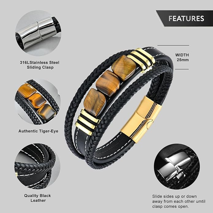 STARCHENIE Multi Strand Bracelet for Men Square Authentic Tiger Eye Black Braided Leather Mens Bracelet and Stainless Steel Buckle