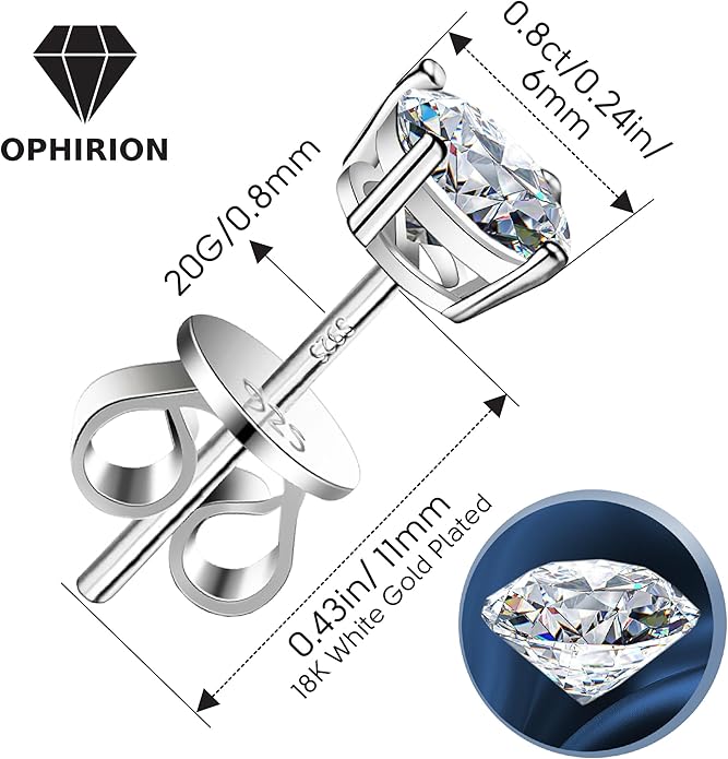 Moissanite Stud Earrings for Women & Men, D Color, VVS1, 925 Sterling Silver, White Gold Plated, Hypoallergenic, GRA Certified, Gift Box Included (0.6; 1.0; 1.6; 2.0 CTW)