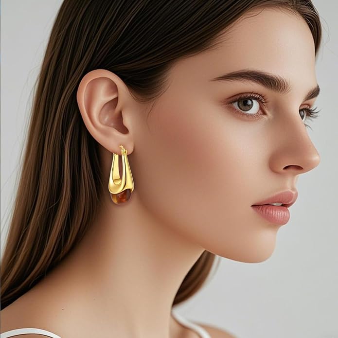 Vintage Gold Hoops Earrings for Women,Brown White Blue Pink Chunky Dangle Drop Jewelry with Resin Gemstones, Trendy Statement Earrings for Beach,Party, Vintage Gift for Travel Maximalist Jewelry