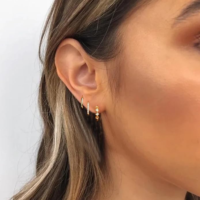 Small Gold Hoop Earrings Set for Women, 14K Gold Plated Lightweight Earrings Sets for Multiple Piercing, Hypoallergenic Huggie Gold Hoops Earrings for Women Jewelry