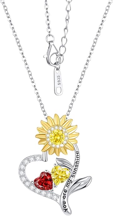 PERJI Valentine's Day Gifts for Women - 925 Sterling Silver Double Birthstone Sunflower Necklace, Anniversary Birthday Jewelry You are My Sunshine Gifts for Wife Couple Girlfriend 18"+2" Non Tarnish