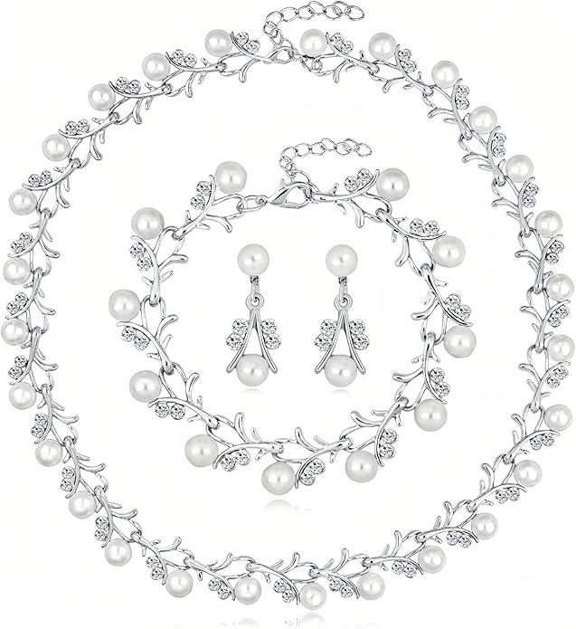 la luen Pearl Bride Wedding Jewelry Set Faux Pearls Crystal Rhinestone Necklace Earrings Bracelet Sets for Women Bridesmaid(3 PCS)