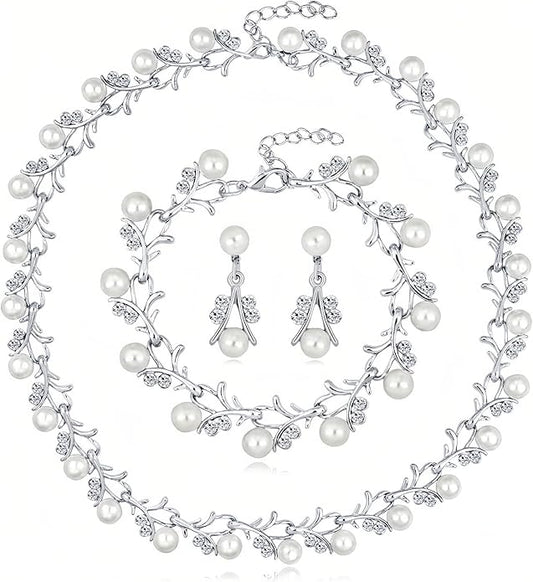 la luen Pearl Bride Wedding Jewelry Set Faux Pearls Crystal Rhinestone Necklace Earrings Bracelet Sets for Women Bridesmaid(3 PCS)