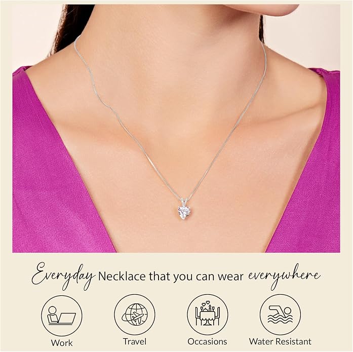 Everyday Elegance Solid 14K Gold Cubic Zirconia Solitaire Pendant Necklace for Women Heart, Princess, Round, Oval, Emerald, Pear & Cushion Cut 1 or 2 CTW | .60mm Thick 16" 18" Length Box Link Chain