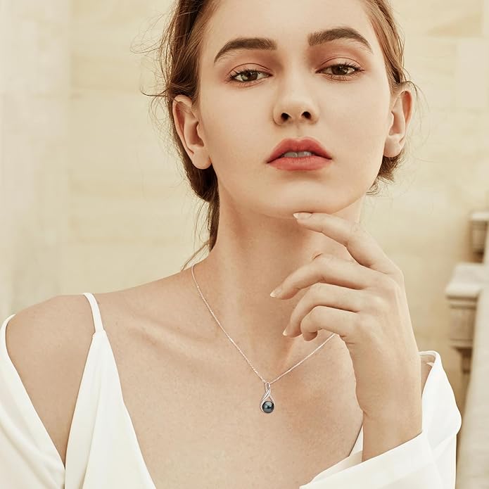 DENGGUANG Tahitian Black Pearl Necklace for Women Genuine 9-10mm Round Tahitian Cultured Pearls Pendant 18K Gold Plated 925 Sterling Silver - Jewelry Gifts for Mom Wife Daughter