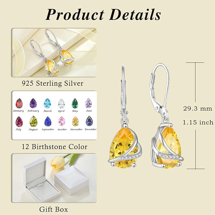 Birthstone Dangle Drop Earrings for Women 925 Sterling Silver Teardrop Leverback Earrings Jewelry Gifts for Wife Mother Her