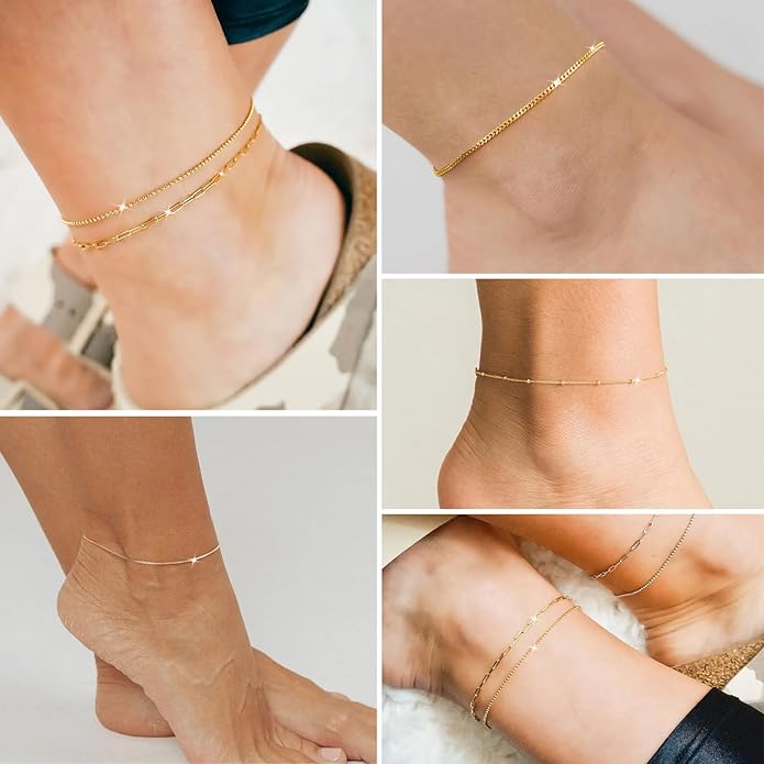 Sterling Silver Anklet Bracelets for Women Waterproof, 925 Sliver Plated CZ & Heart Charm Dainty Layer Anklets for Women Trendy, Simple Chain Anklets Set Gifts for Women, Jewelry Gifts for Her Women Mom Wife Girlfriend