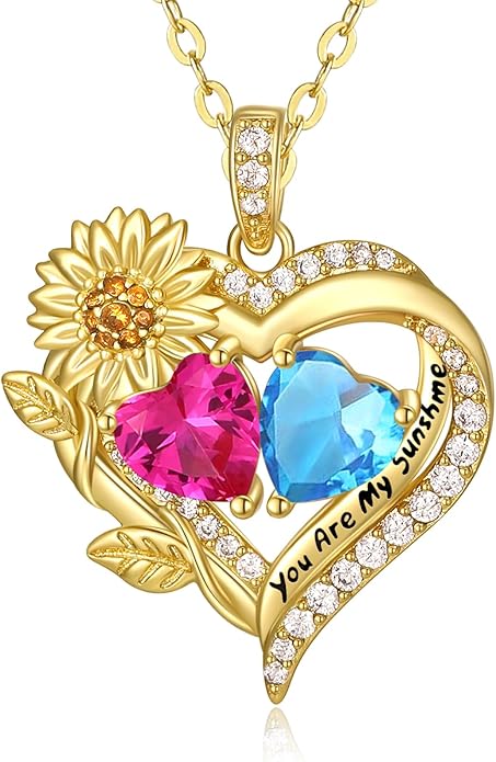 Sunflower Heart Necklace for Women 14K Gold Exquisite Anniversary Birthday Gifts for Wife Mother Her Double Birthstone Pendant jewelry‘You Are My Sunshine’