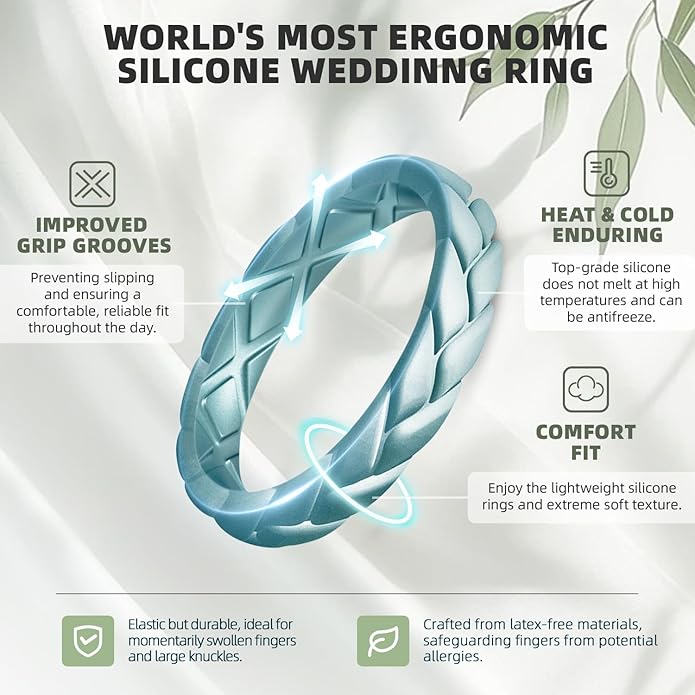 Egnaro Women's Silicone Stackable Rings 3.5mm Wide 2mm Thick, Rubber Flexible Hypoallergenic Wedding Bands For Workout Leaf Braided Fashion