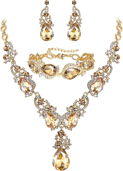 BriLove Wedding Bridal Jewelry for Women Multi Teardrop Cluster Crystal Statement Necklace Dangle Earrings Link Bracelet Set