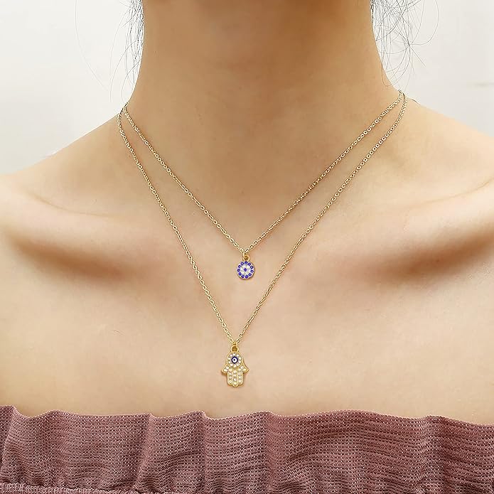 Baydurcan Dainty Evil Eye Necklace and Hamsa Necklace Turkish Blue Eye Hand Pendant Necklace 3pcs Lucky Jewelry Gift for Women