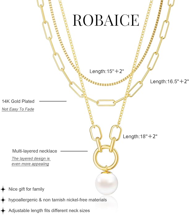 Layered Necklace for Women 14K Gold Plated Dainty Paperclip Herringbone Pearl Cross Pendant Necklace Stack，Layering Chain Cuban Figaro Rope Chain Choker Trendy Gold Jewelry Gift