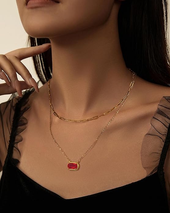 Lourny Gemstone Birthstone Pendant Layered Necklace for Women Trendy, 18K Gold Plated Paperclip Chain Preppy Choker Charm Necklace for Women Wife Jewelry