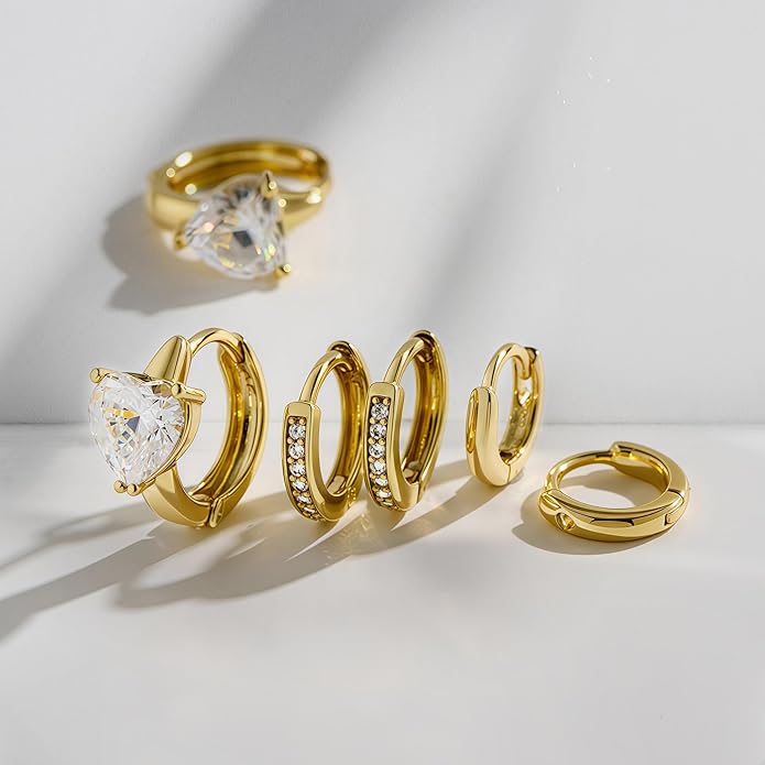 3Pairs Small Gold Huggie Hoop Earrings for Women,Romantic heart,Twisted braid two colors,3 CZ Hoop,5 Round Zircon Sport Hoops Earrings Set,14K Gold Filled Silver Hypoallergenic Earring Excellent gift