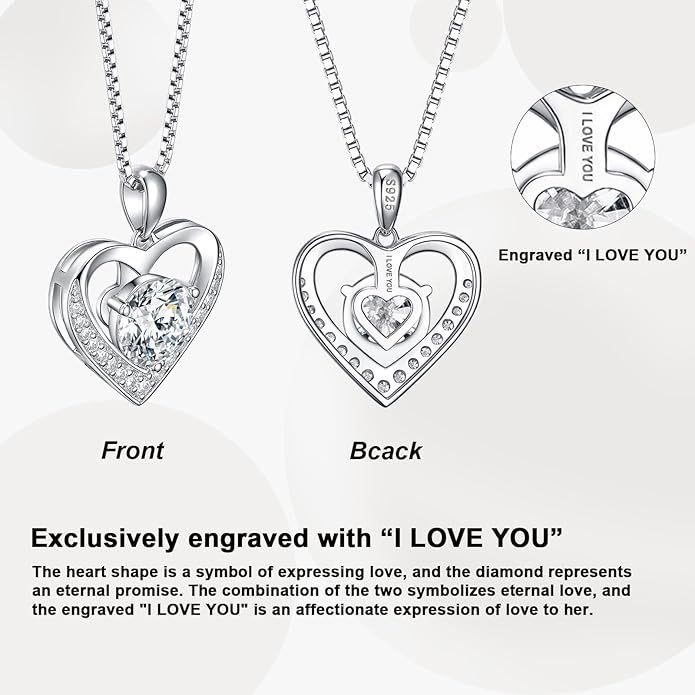 Moissanite Necklace for Women, Heart Pendant Engraved 'I Love You' Gifts for Wife, Valentine's Day Gift Anniversary Eternity Birthday Present Sterling Silver Jewelry for Her