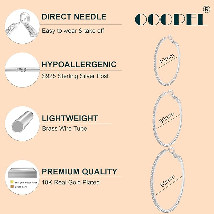 925 Sterling Silver Earrings Large Rhinestone Hoop Earrings Big Cubic Zirconia Hoop Earrings Thin Rhinestones Round Hoop Earrings for Women 20/30/40/50/60/70mm Sparkly Hoops With Crystals for Womens