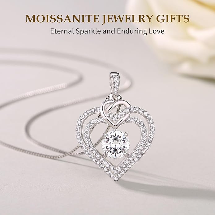 Moissanite Heart Necklaces for Women, 18K White Gold Plated 925 Sterling Silver 1-3CT Moissanite Pendant Jewelry Wedding Anniversary Birthday Christmas Gifts for Wife Mom Girlfriend Sister Grandma