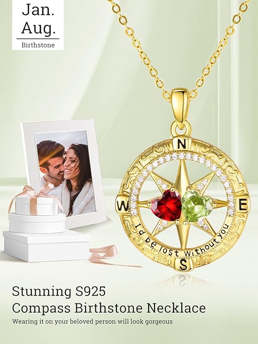 Zeuslia Double Birthstone Necklace Gifts for Wife - 925 Sterling Silver Sunflower/Rose/Crown Cross/Compass/Heart Pendant I Love You Necklace, Anniversary Birthday Gifts for Wife Girlfriend Mom Her