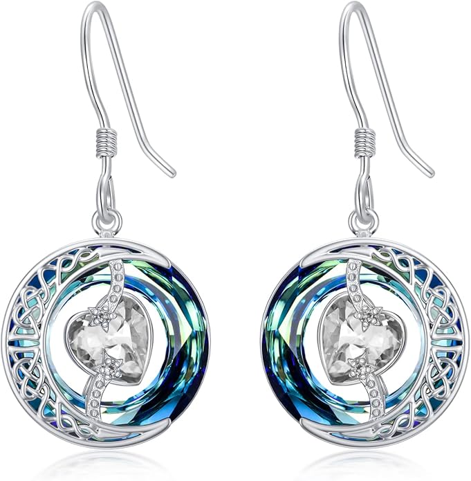 TOUPOP Birthstone Earrings for Women 925 Sterling Silver Moon and Star Dangle Earrings with Blue Crystal BirthdayJewelry Christmas Gifts for Women