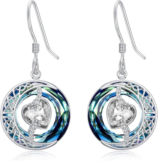 TOUPOP Birthstone Earrings for Women 925 Sterling Silver Moon and Star Dangle Earrings with Blue Crystal BirthdayJewelry Christmas Gifts for Women