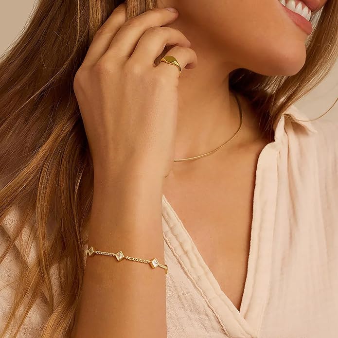 Gold Bracelets for Women,14K Dainty Gold Plated Bracelets Non Tarnish Waterproof Diamond Bracelets Heart Flower Round Square CZ Charm Bracelet Trendy Stuff Jewelry Gifts for Her