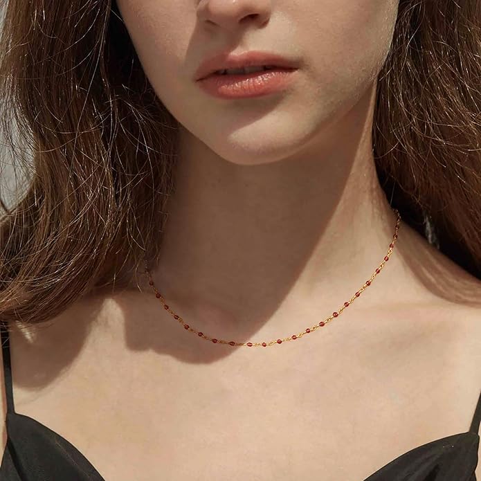 MTMY Beaded Necklaces for Women 14K Gold Plated Dainty Colorful Green/Rose Beaded Pearl Choker Necklace Delicate Boho Choker Necklace Jewelry Gift
