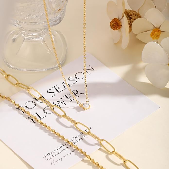 Layered Gold Necklace for Women Trendy 14K Gold Plated Heart CZ Pendant Layered Gold Necklaces Set Coin Choker Necklaces Simple Circle Cubic Zirconia Pearl Necklace Stack Herringbone Paperclip Chain Jewelry Set