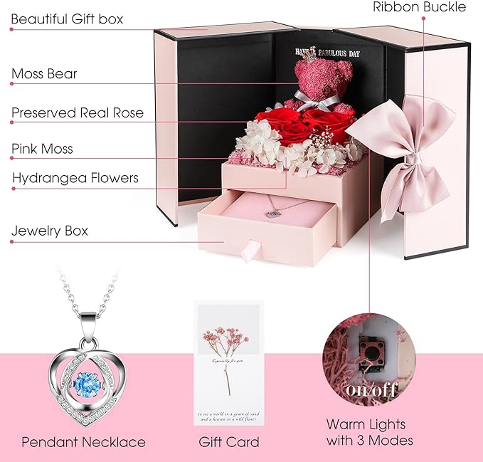 ADDWel Preserved Rose Box for Her, Forever Real Flowers with Sterling Silver Necklace - Romantic Gift for Delivery on Valentine’s Day, Christmas, Birthday, Anniversary