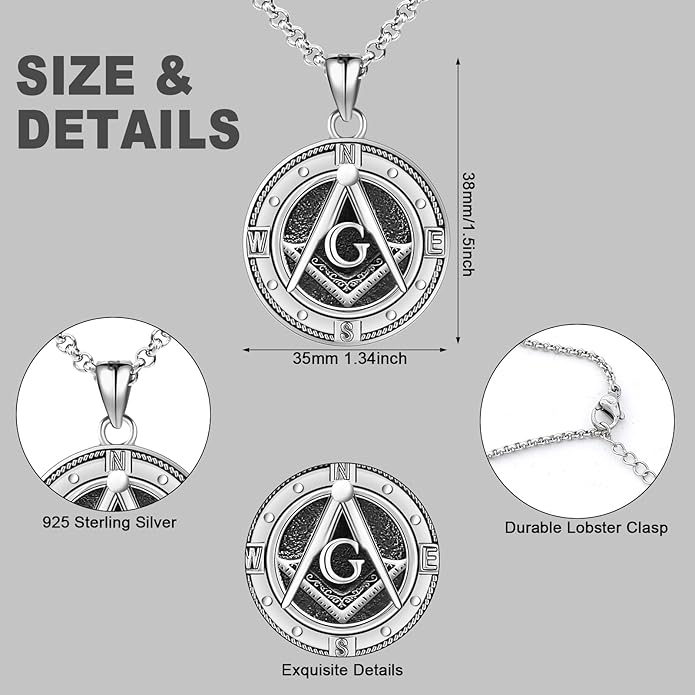 LES OSEWA Compass Necklace for Men Sterling Silver Compass Pendant Masonic Viking Necklace Travel Amulet Necklace Inspirational Graduation Jewelry Gifts for Women