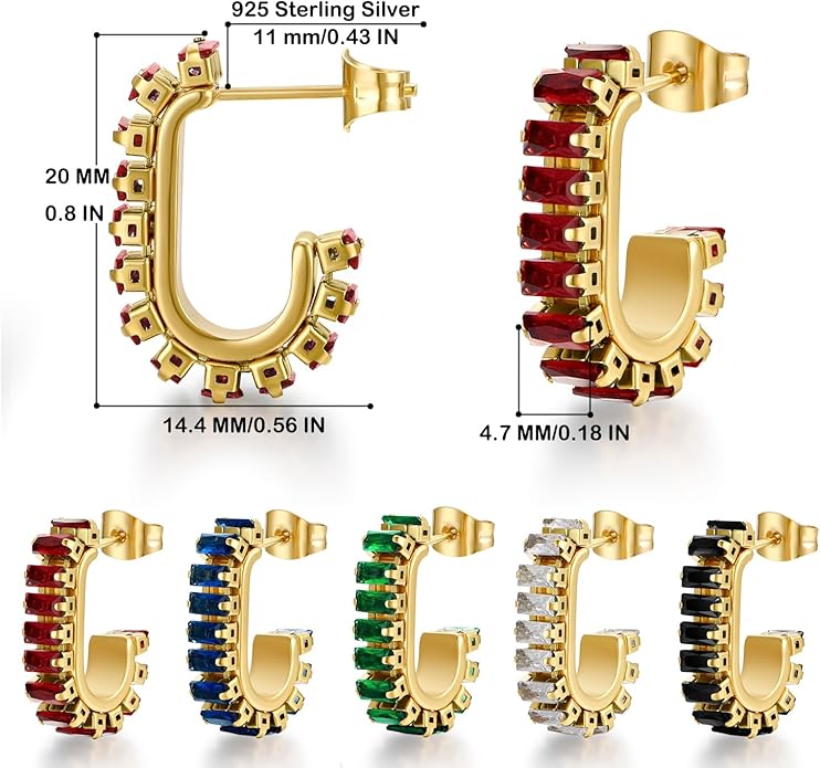 Green Crystal huggie gold hoop earrings for women Girls,14K Gold Plated with 925 Sterling Silver Post color Cubic Zirconia dainty cute Earrings| CZ Stud Earring