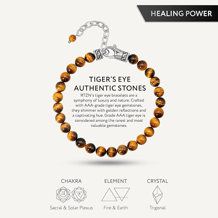 RTZN® Tigers Eye Bracelet for Men – Premium Artisan Handcrafted Golden Brown Tiger Eye Bead Bracelets – Natural Stone Tiger Eye Bracelet Men – Beaded Bracelets for Men