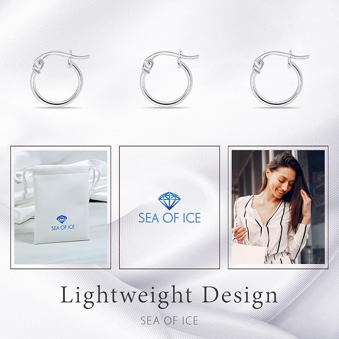 SEA OF ICE 925 Sterling Silver Hoop Earrings for Women - Hypoallergenic Earrings for Women in Sterling Silver, Yellow Gold, Rose Gold or Black Rhodium | Sizes 12MM, 15MM, 20MM or Multipack