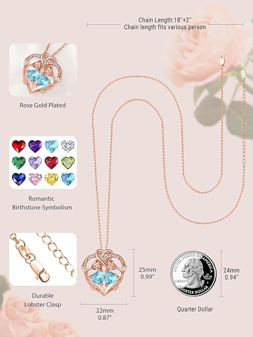 Rose Gold Necklaces for Women Double Birthstone Rose Flower Heart Pendant Necklace Jewelry Anniversary Christmas Valentine's Mother's Day Birthday Gift for Wife Mom Her Girlfriend Sister