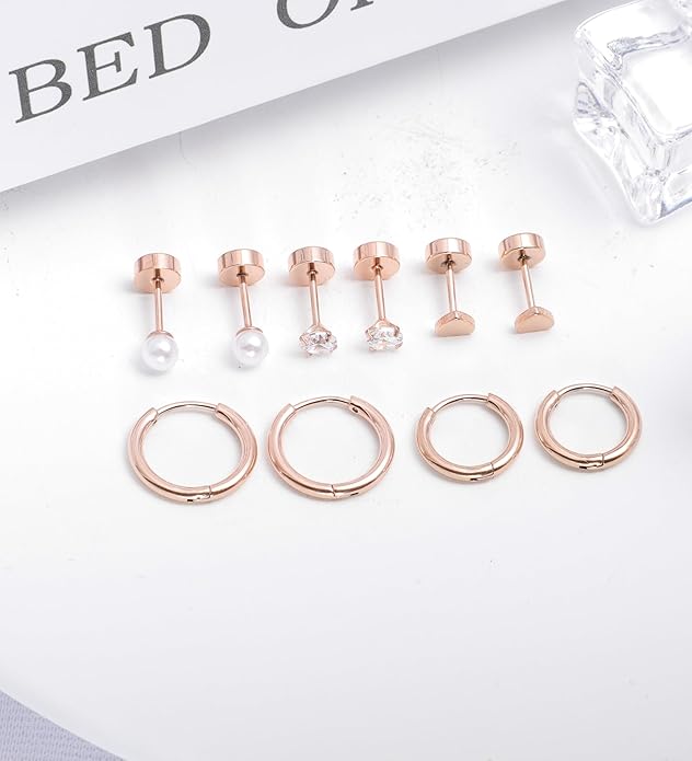 MJust Titanium Earrings for Sensitive Ears 20G Hypoallergenic Stud Hoop Earrings for Women Men Opal Ball CZ Heart Pearl Flat Back Earrings Cartilage Earrings Set