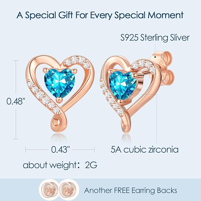 Earrings for Women, S925 Sterling Silver Rose Gold Birthstone Heart Studs Earring for Girlfriend Wife, Anniversary Birthday Christmas Valentines Mothers Day Gifts Jewelry for Women Wife Her Mom