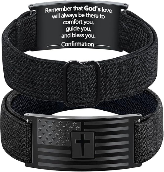 LDOWWGL Valentines Day Gifts - Mens Bracelet - American Flag Christian Cross Bracelet for Boys - Adjustable Black Elastic Stretch Strap with Bible Verse - Gift for Son Grandson