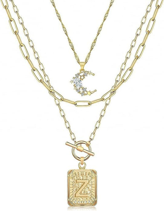 MJartoria Layered Initial Necklaces for Women Trendy, 14K Gold Plated Brass Simple Moon Choker Square Letter Pendant Necklace, Paperclip Chain Necklaces Jewelry Gifts